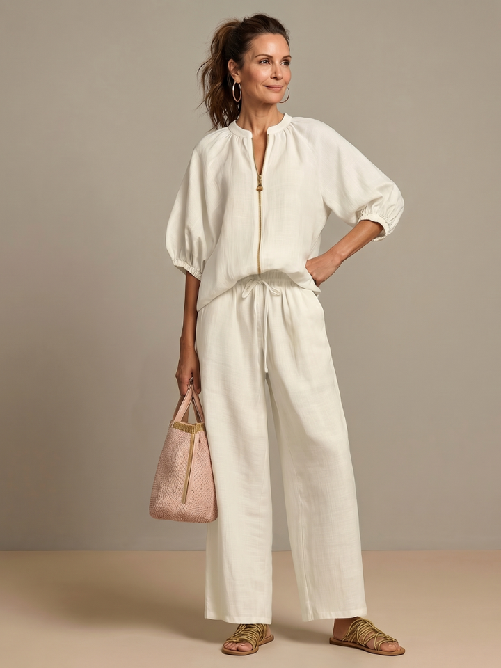 Natalia | Blouson Zip Front Top and Wide-Leg Trousers