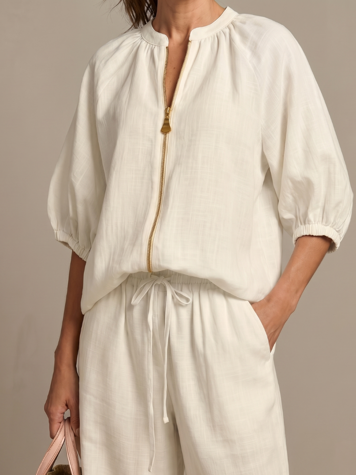 Natalia | Blouson Zip Front Top and Wide-Leg Trousers