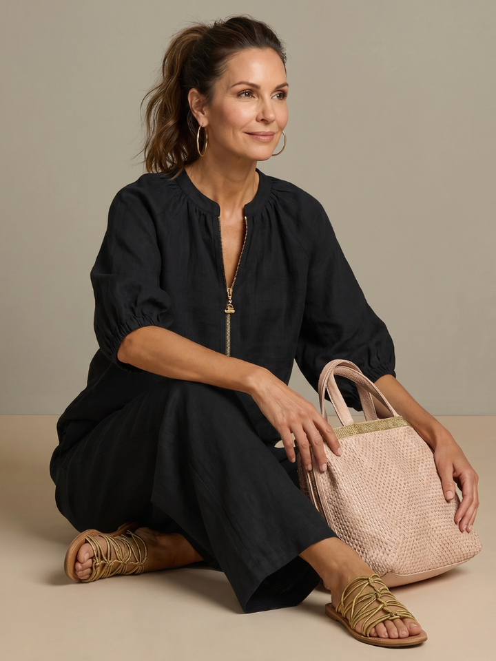 Natalia | Blouson Zip Front Top and Wide-Leg Trousers