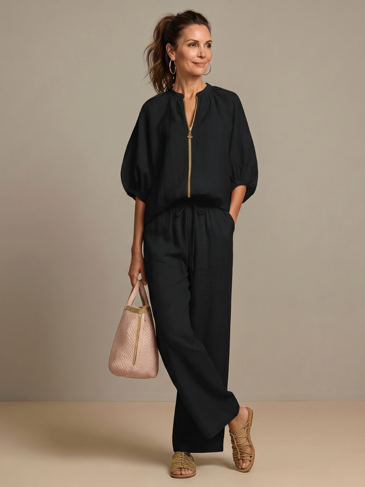 Natalia | Blouson Zip Front Top and Wide-Leg Trousers