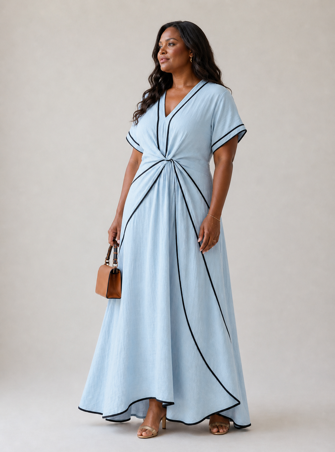 Linnea | Short-Sleeve V-Neck Gathered Waist Midi Dress