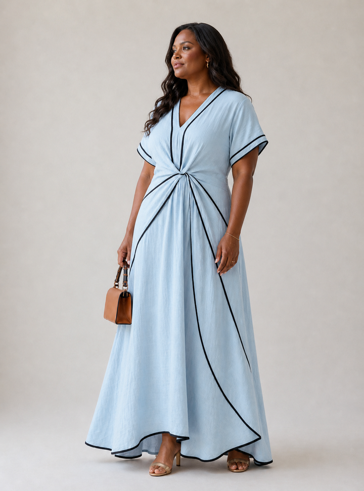 Linnea | Short-Sleeve V-Neck Gathered Waist Midi Dress