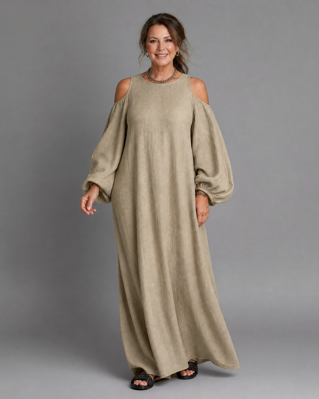 Sylphine | Relaxed Maxi Dress with Off-Shoulder Balloon Sleeves