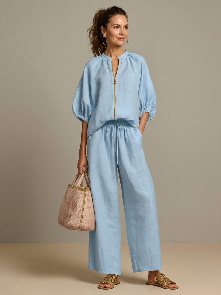 Natalia | Blouson Zip Front Top and Wide-Leg Trousers