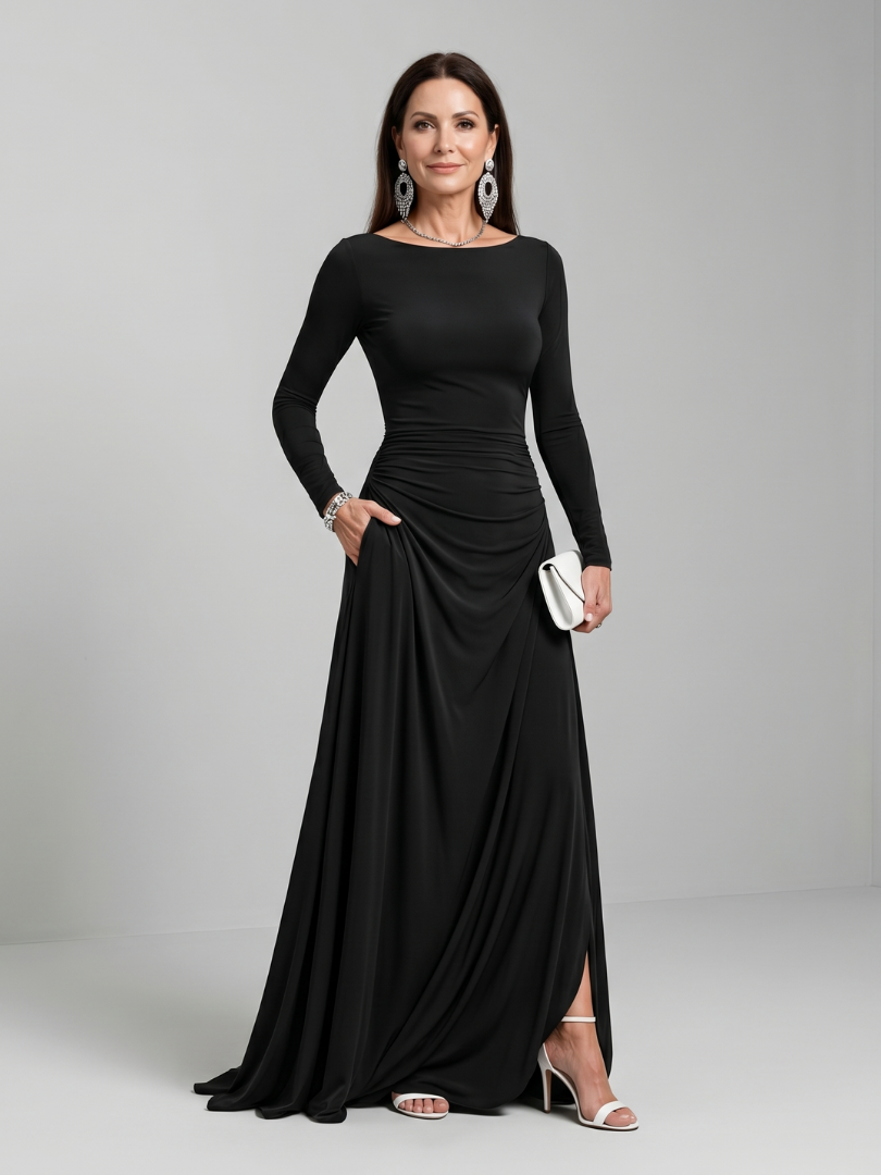 Gyram | Long-Sleeve Flowing Boatneck Maxi Dress