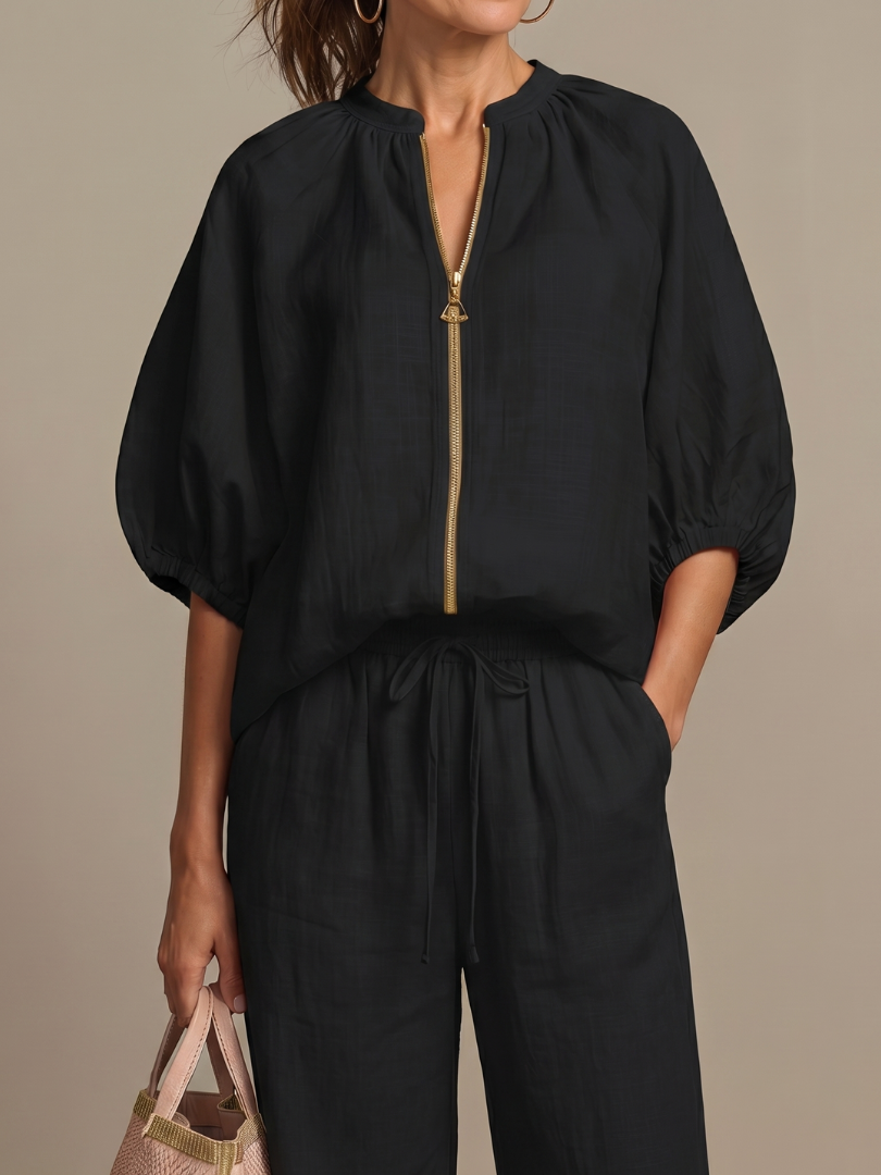 Natalia | Blouson Zip Front Top and Wide-Leg Trousers