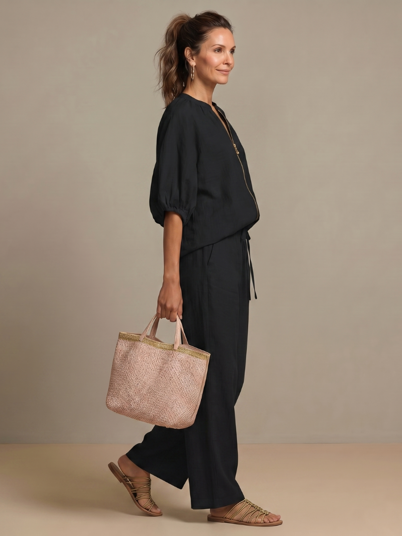 Natalia | Zip Blouson Top and Wide-Leg Trousers