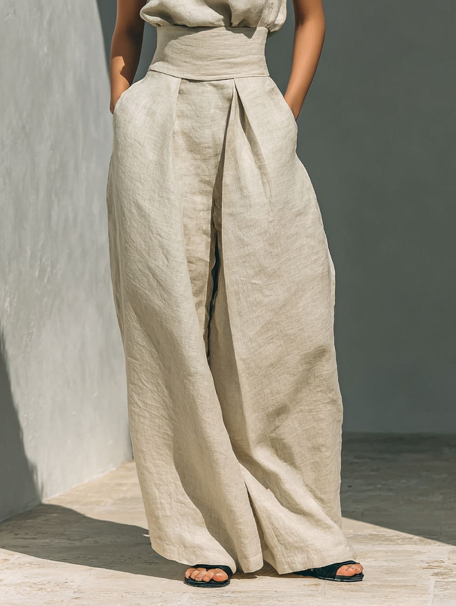 Maria - Minimalist Women's Cotton and Linen Tank Top and Wide-Leg Trousers Set