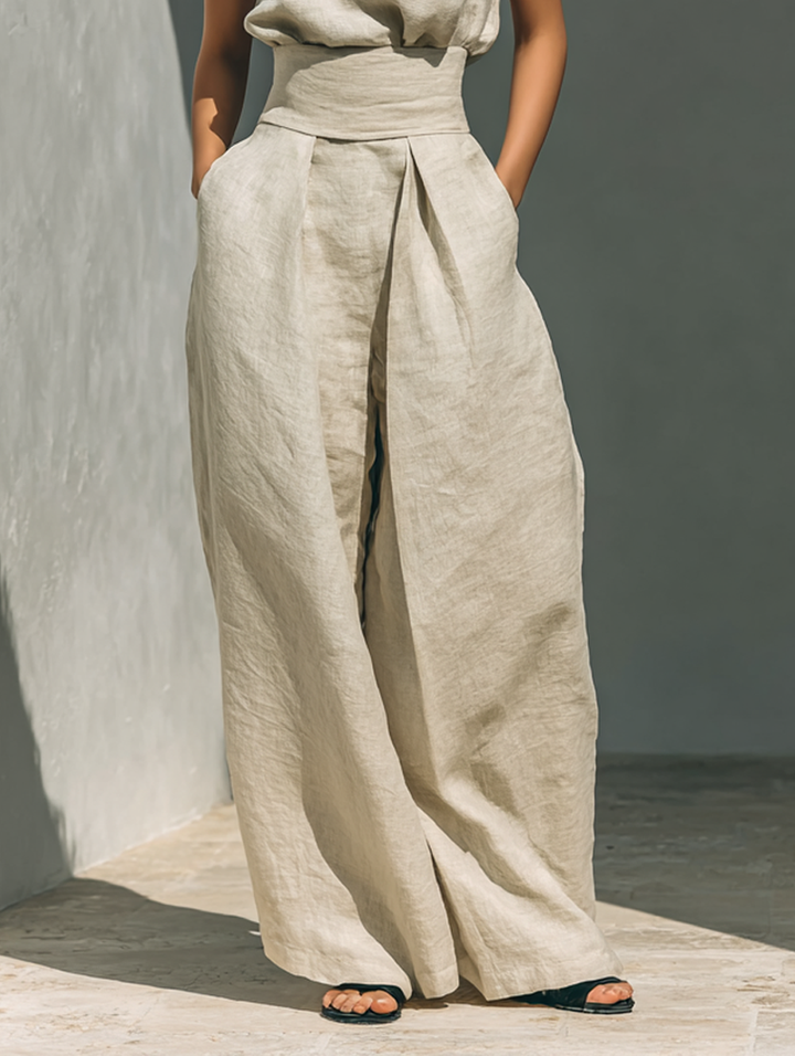 Maria - Minimalist Women's Cotton and Linen Tank Top and Wide-Leg Trousers Set