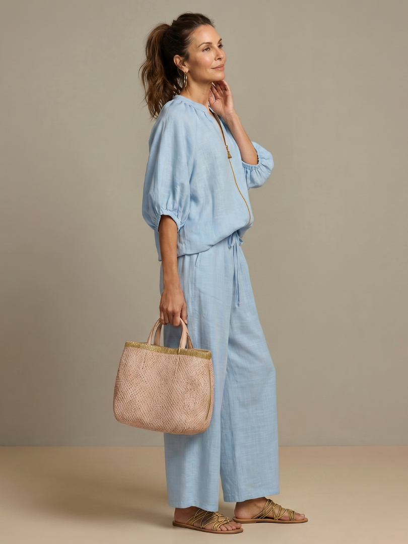 Natalia | Blouson Zip Front Top and Wide-Leg Trousers