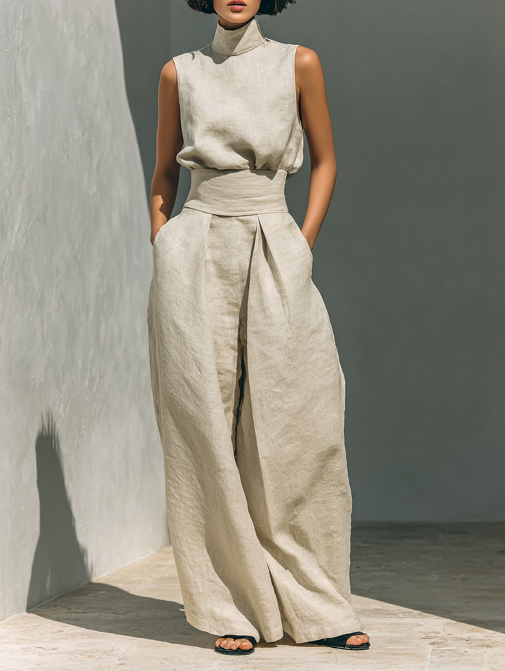 Maria - Minimalist Women's Cotton and Linen Tank Top and Wide-Leg Trousers Set
