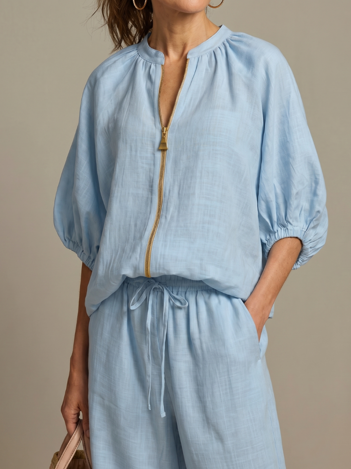 Natalia | Blouson Zip Front Top and Wide-Leg Trousers