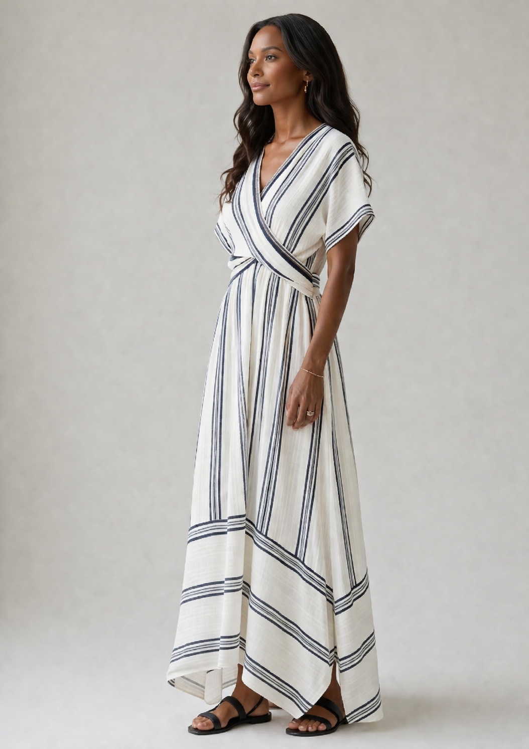 Thalassa | Wrap V-Neck Midi Dress with Short Sleeve