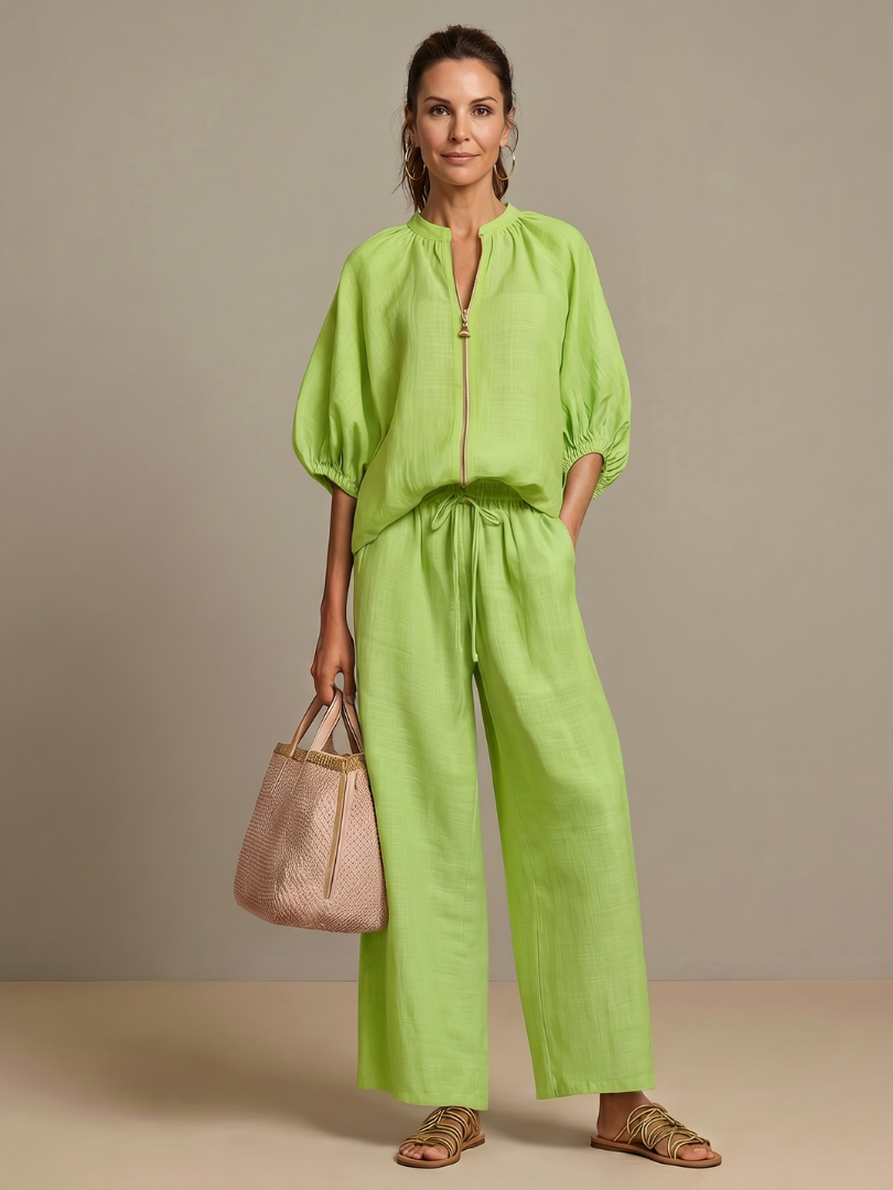 Natalia | Blouson Zip Front Top and Wide-Leg Trousers