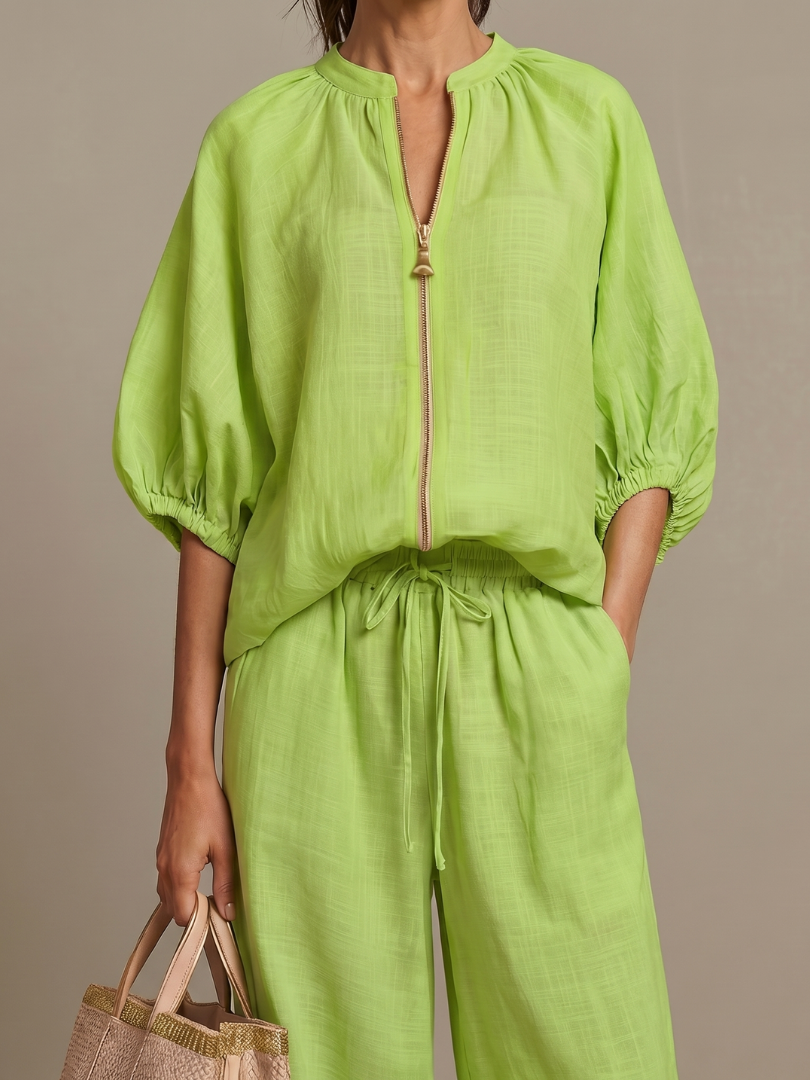 Natalia | Blouson Zip Front Top and Wide-Leg Trousers