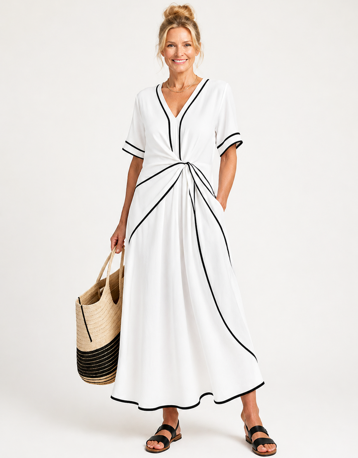 Linnea | Short-Sleeve V-Neck Gathered Waist Midi Dress