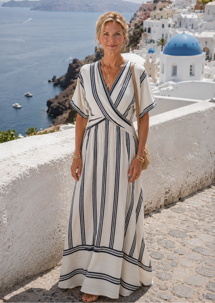 Thalassa | Wrap V-Neck Midi Dress with Short Sleeve