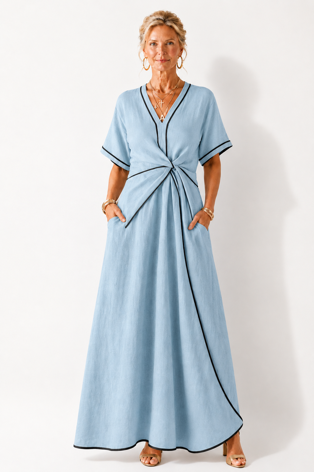Linnea | Short-Sleeve V-Neck Gathered Waist Midi Dress