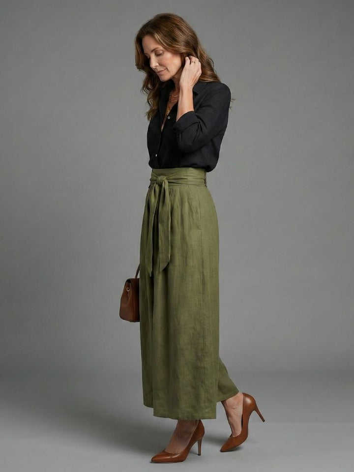 Vera | Two-Piece Black Blouse and Olive Green Midi Skirt Set