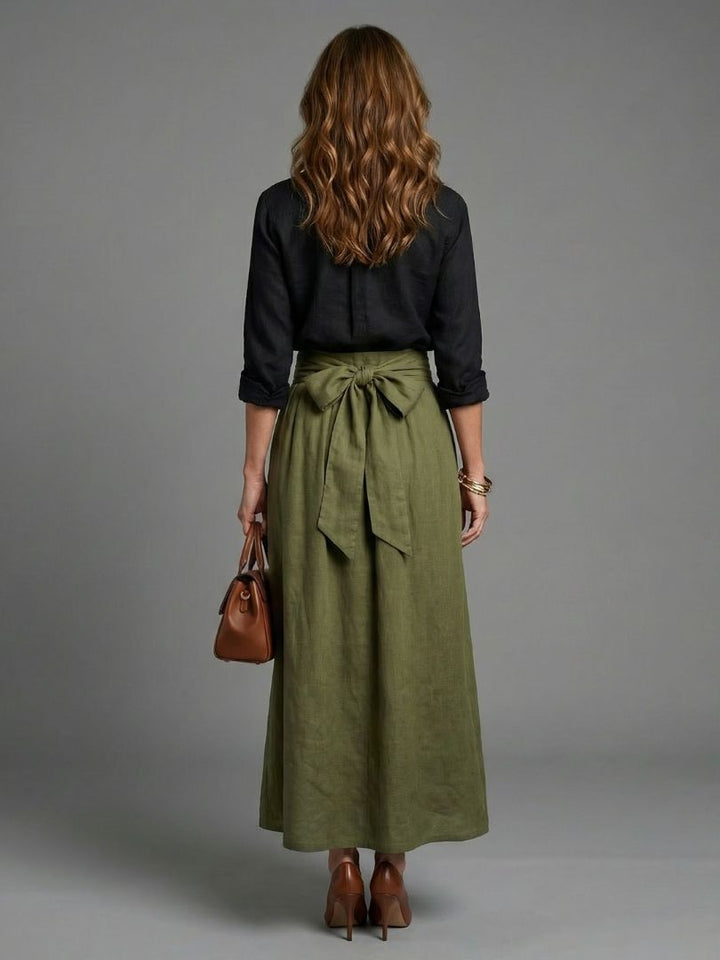 Vera | Two-Piece Black Blouse and Olive Green Midi Skirt Set