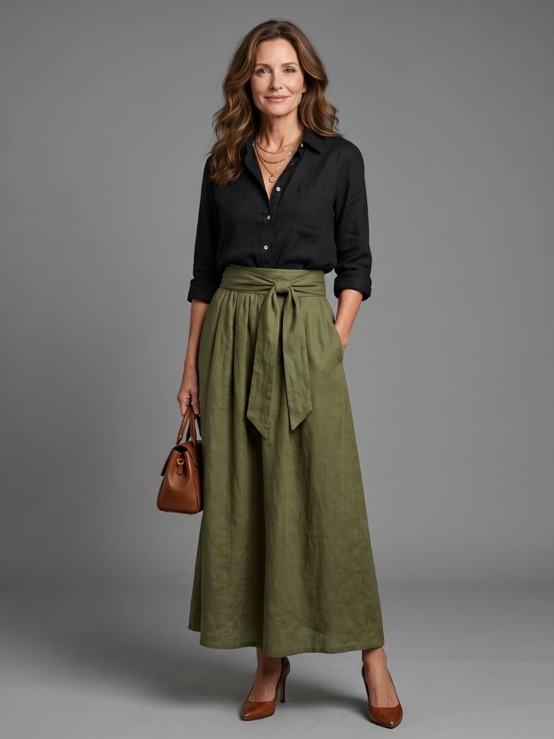 Vera | Two-Piece Black Blouse and Olive Green Midi Skirt Set