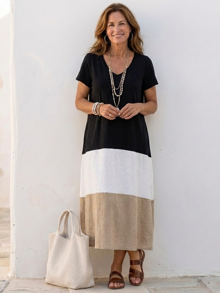 Thalia | Short Sleeve V-Neck Colour Block Midi Dress