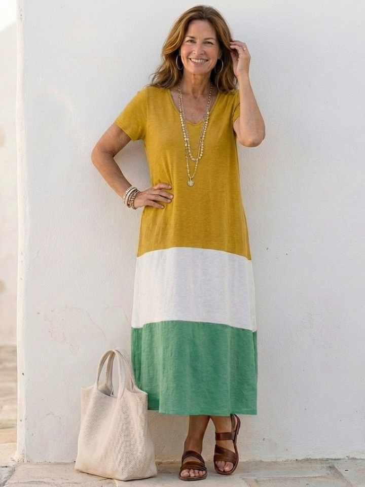 Thalia | Short Sleeve V-Neck Colour Block Midi Dress