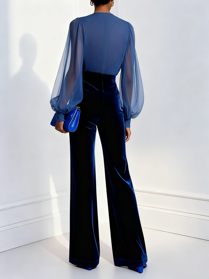 Zaira™ - Long Velvet Jumpsuit with V-Neck and Long Mesh Sleeves