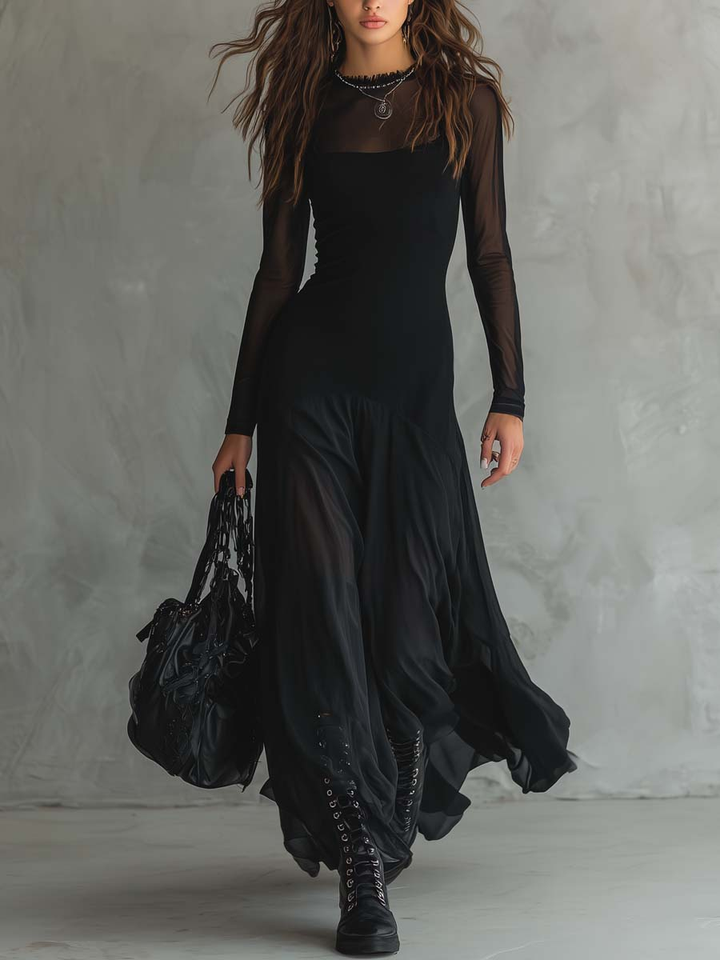 Neroa • Wide-Cut Black Tulle Maxi Dress