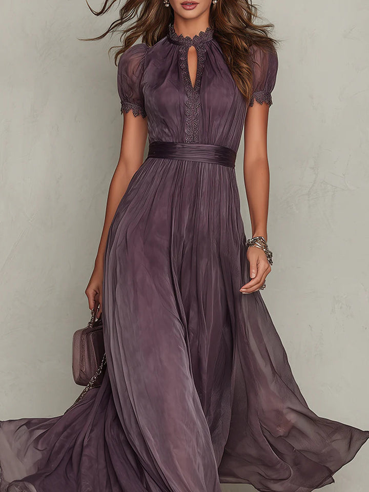 Flavia • Long Purple Dress with Keyhole Neckline and Chiffon Lace Trim