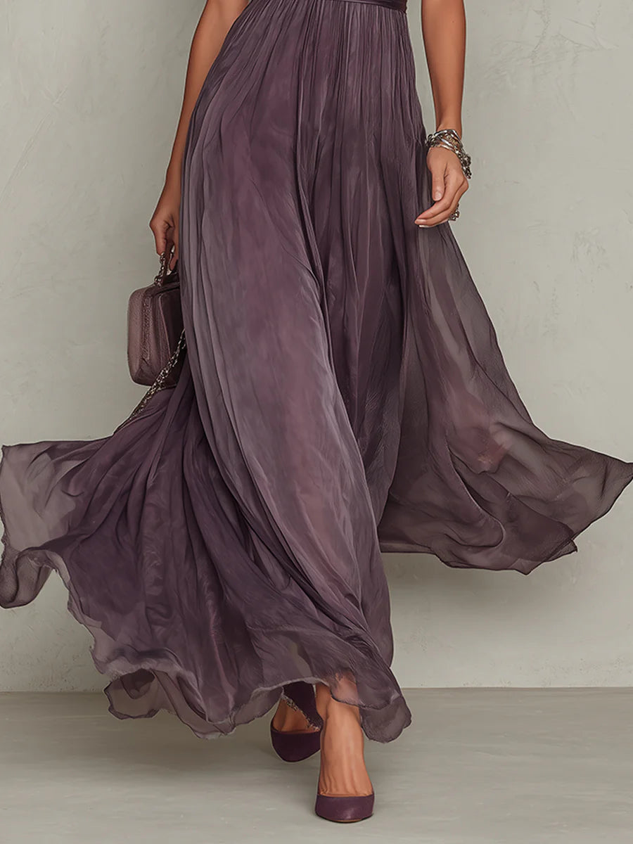 Flavia • Long Purple Dress with Keyhole Neckline and Chiffon Lace Trim