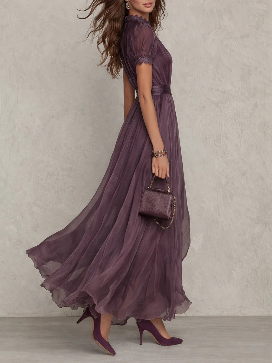Flavia • Long Purple Dress with Keyhole Neckline and Chiffon Lace Trim