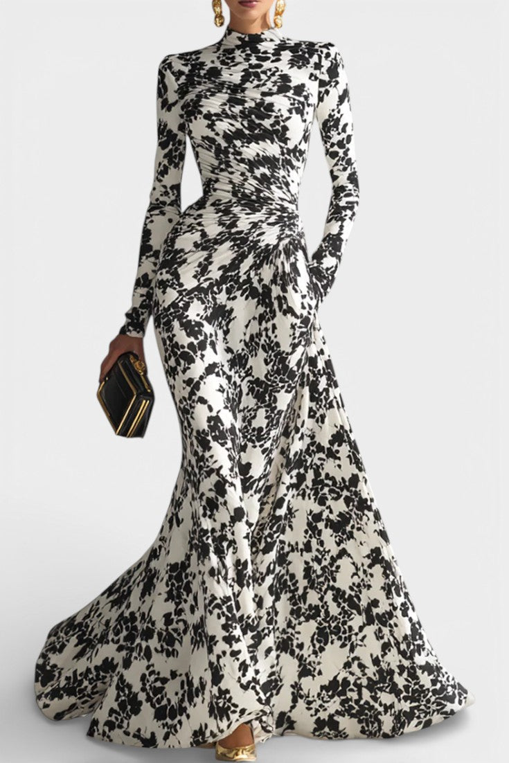Amada Floral Black and White Wrap Dress with High Collar