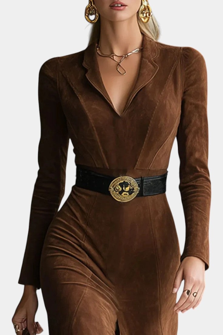 Julia™ Retro Western Style Faux Suede Split Dress with Belt
