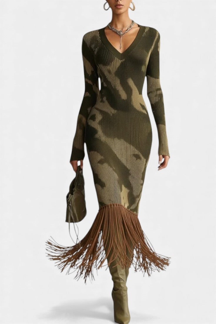 Sharon™ Midi Textured Camouflage Olive Fringe Dress with V-Neck